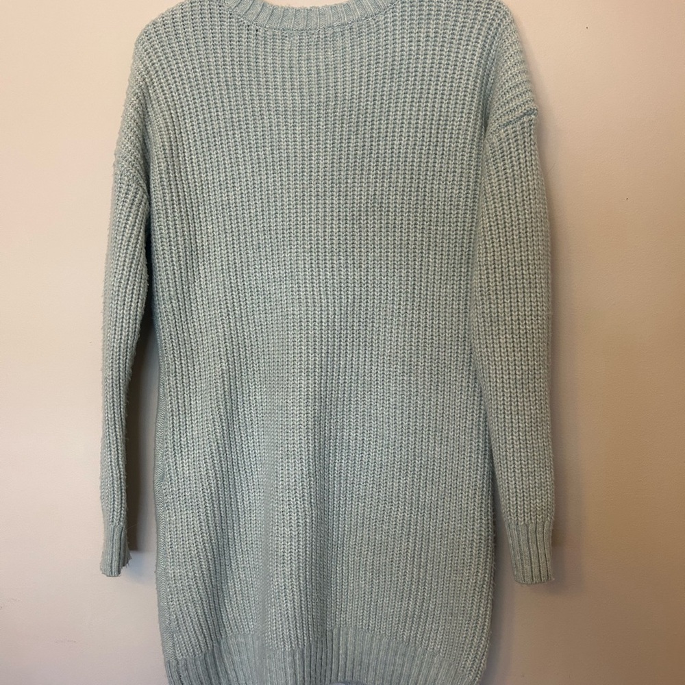 Francesca's Light Blue Cable Knit Sweater Dress White Lace Accents Women’s Small - Picture 3 of 8